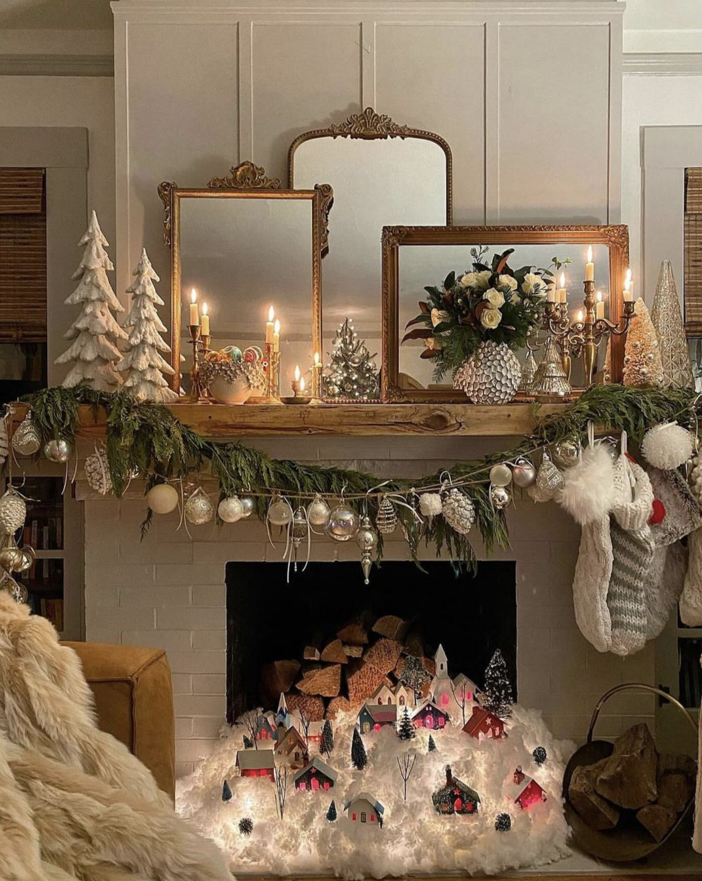 Putz house snow village Christmas mantel / kellyelko.com